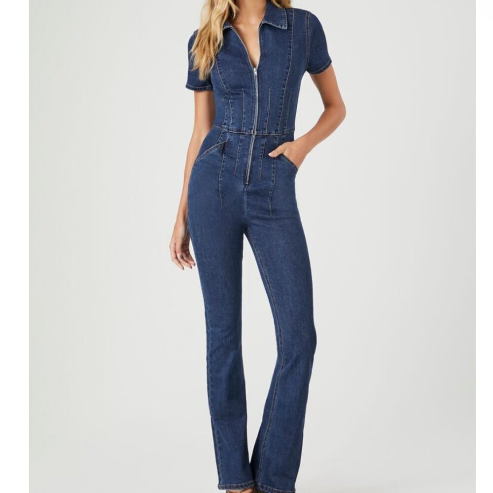 Forever 21 Zip-Up Denim Short-Sleeve Jumpsuit XS